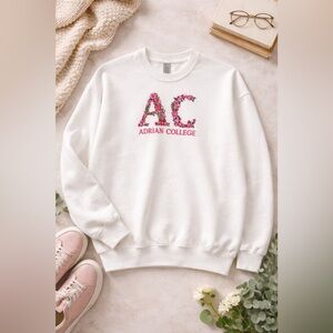 Adrian College Sweatshirt Gildan Floral Embroidered‎ White Pullover Medium M